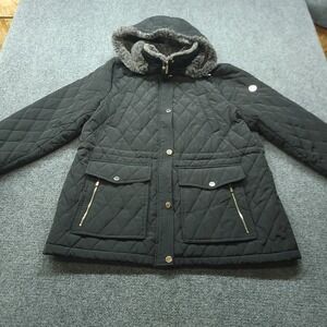Michael Michael Kors Black Quilted Faux Fur Hooded Puffer Jacket XL Gold Tone